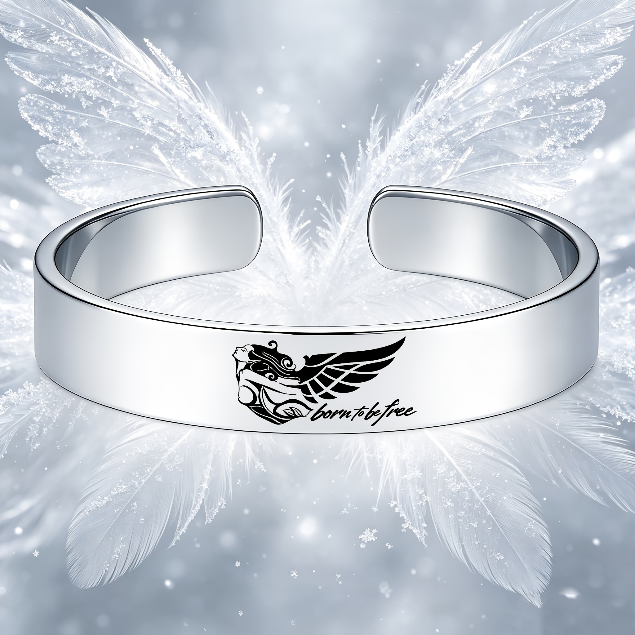 Born to Free Angel Wings Stainless Steel Open Bangle